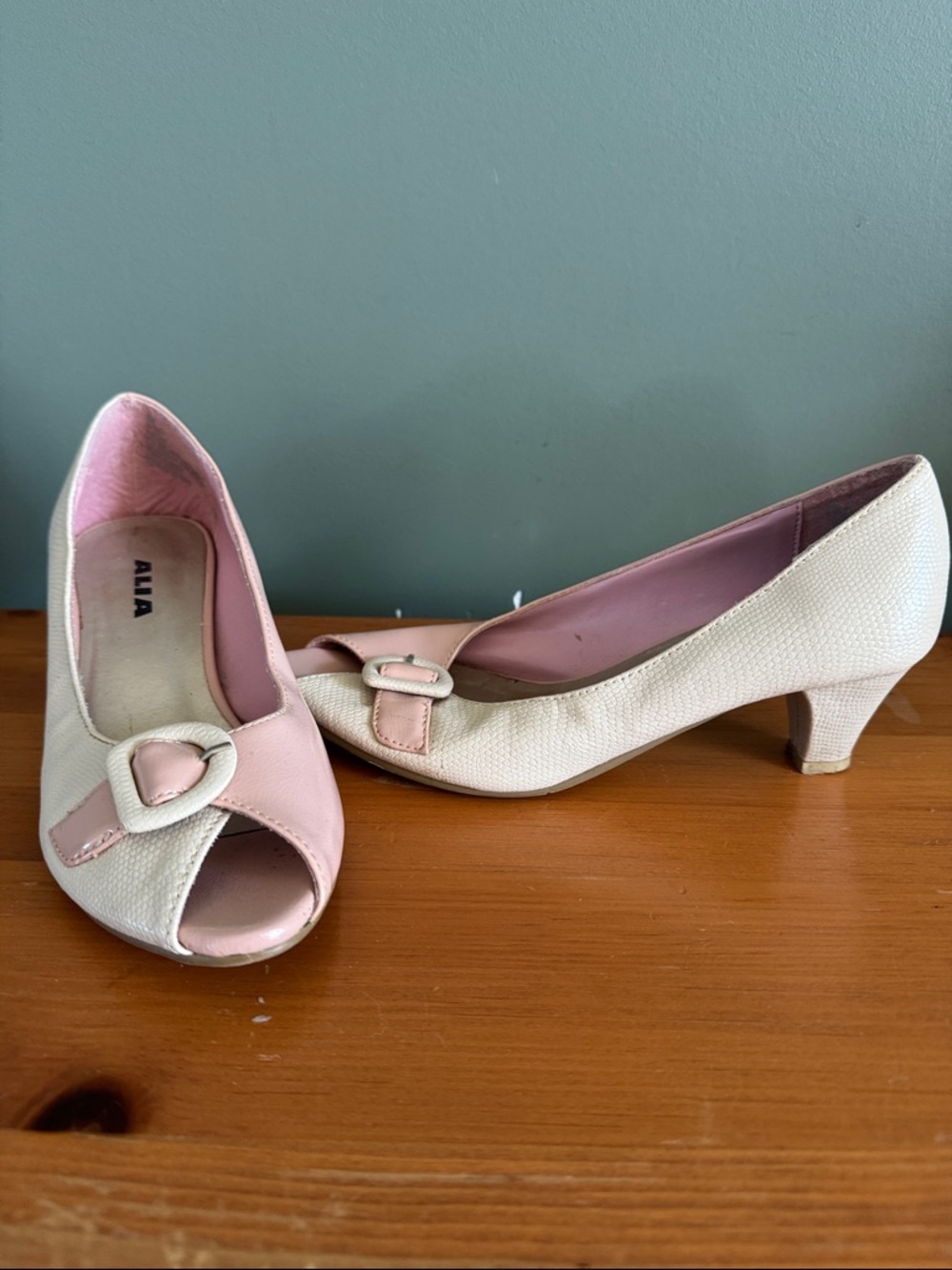 Alia Cream and Pink Peep-Toe Kitten Heels